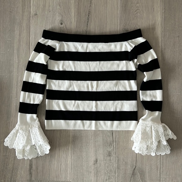 English factory lace ruffle sleeve striped off the shoulder top - Picture 2 of 13
